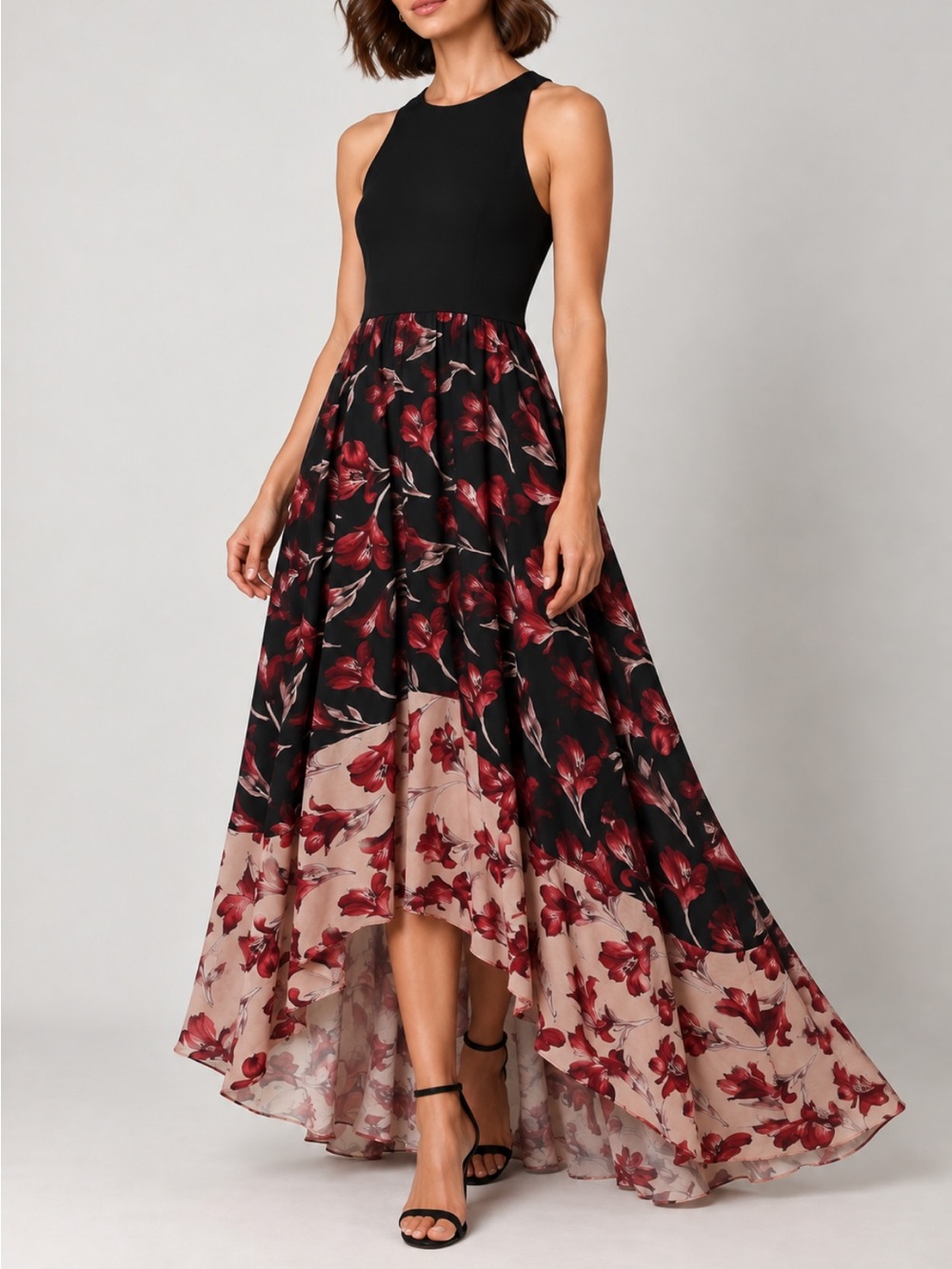 Hutch Floral Colorblock High Low Maxi Dress Black Burgundy